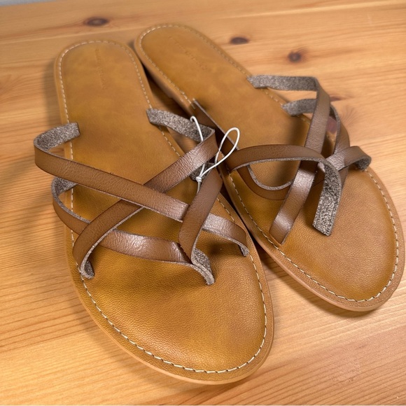 Strappy Slide Flat Sandal | Brown Faux Leather Sandals - Picture 1 of 3
